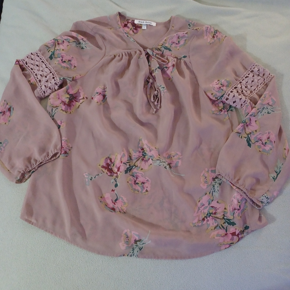 Black Rainn womens sheer tan floral blouse size Petite Large